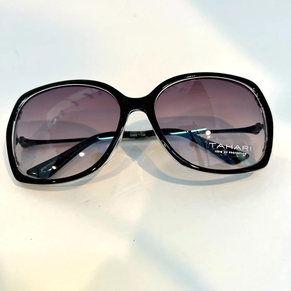 TAHARI 100% UV PROTECTION SUNGLASSES, 2 TONE FRAME, GREY&CLEAR W/CRYSTAL TEAR - Picture 9 of 10